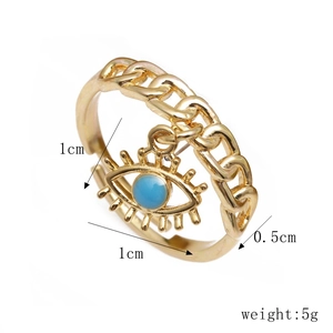 Detailed view of adjustable evil eye ring with dimensions and 5g weight specifications
