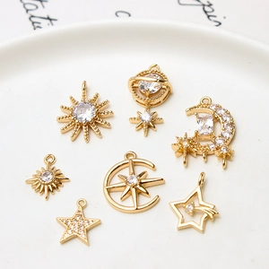 Gold plated sun moon and star charms set with sparkling white zircon for DIY jewelry