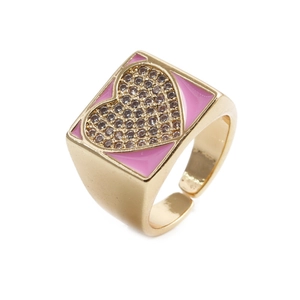 Golden heart ring with pink enamel and sparkling zircon stones in an open design