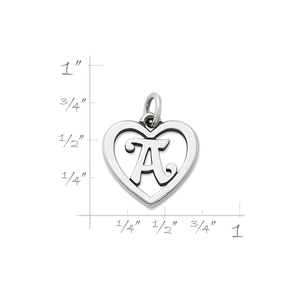 Detail of silver heart-shaped alphabet pendant with measurement scale showing size in inches