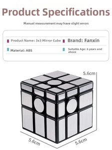 Silver mirror cube puzzle dimensions showing 5.6cm side length and durable ABS material