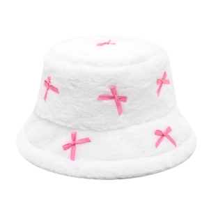 White plush bucket hat for women with pink ribbon bows for cozy winter street style