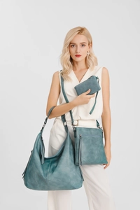 Close-up of a three-piece turquoise tote bag set featuring soft faux leather textures