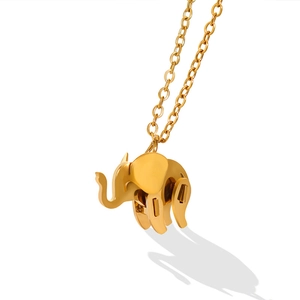 Minimalist 18K gold plated elephant pendant necklace with multi-layer geometric design