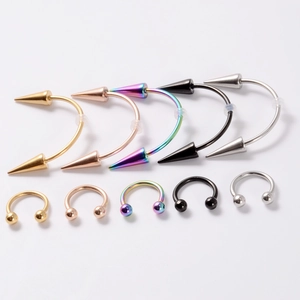 Set of 10 assorted surgical steel horseshoe lip rings with ball and cone ends in 5 colors