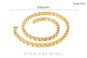 Detailed view of coiled gold stainless steel chain necklace with 500x5mm size specs