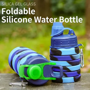 Camo collapsible silicone sports water bottle with carabiner for outdoor hiking