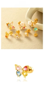 Detailed view of gold stainless steel screw back earrings with colorful zircon and butterfly
