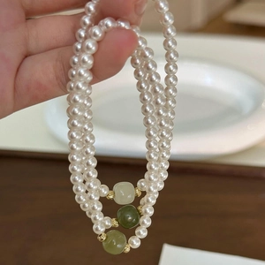 Artificial Pearl Beaded Bracelet With Green Hetian Jade And Gold Metal Spacers New Chinese Style Vintage Elegant Jewelry For Women