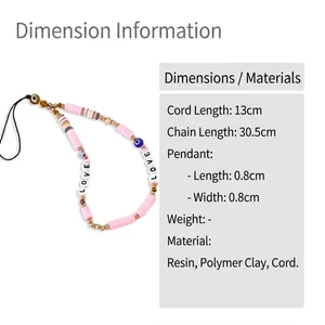 Bohemian pink clay bead phone strap with LOVE letters and blue evil eye detail