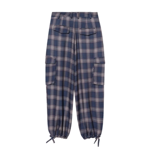 High Waist Plaid Cargo Pants For Women Polyester Multi Pockets Drawstring Hem Casual Streetwear Vintage Trousers