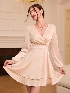 Elegant Women Satin Mini Dress V Neck Long Lantern Sleeve Slim Fit Tiered Hem Champagne Cocktail Party Dressing