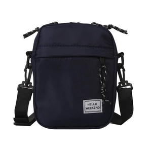 Navy blue Oxford fabric crossbody phone bag with Hello Weekend patch and adjustable strap
