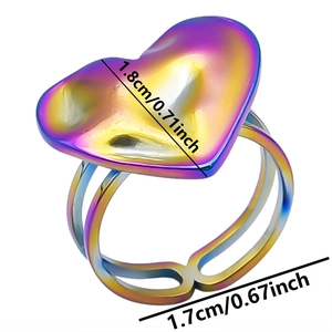 Detailed view of iridescent heart ring with dimensions 1.8cm width and 1.7cm band