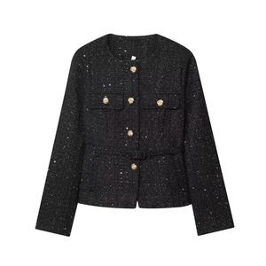 Elegante schwarze Tweedjacke mit Pailletten, goldenen Knöpfen und passendem Gürtel für Damen