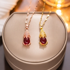 Golden titanium steel necklaces with red gemstone Pixiu pendants on jewelry box