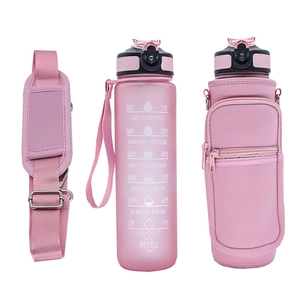 Detail of pink gradient water bottle with adjustable shoulder strap and storage pocket
