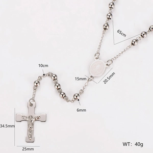 Silver stainless steel rosary necklace with cross and medal pendant details