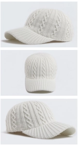 Detailed views of white knit baseball cap showing cable knit texture and warm material