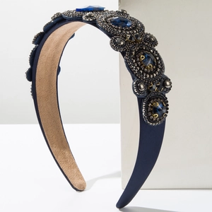 Vintage wide headband with dark blue geometric rhinestones and beads for party wear