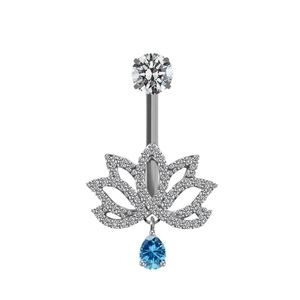 Silver lotus belly button ring with blue teardrop crystal and sparkling gems