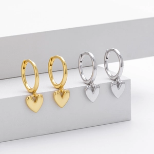 Polished S925 sterling silver heart drop hoop earrings in gold and silver finishes