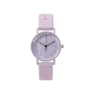 Minimalist lavender silicone quartz watch for women with Arabic numerals and heart detail