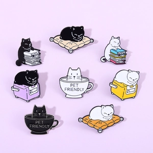 Set of 8 cute black and white cat enamel pins with book and Pet Friendly designs
