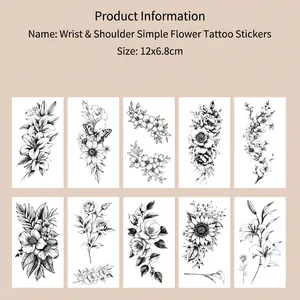 Set of 10 temporary black floral tattoo stickers featuring realistic rose and lily designs