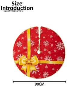 Detailed size view of a 90cm red Christmas tree skirt with snowflake and bow patterns