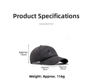 Detail of grey wool baseball cap with embroidery showing 13cm height and 8cm brim size
