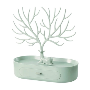 Green deer antler jewelry stand with drawer base for earrings and necklace storage