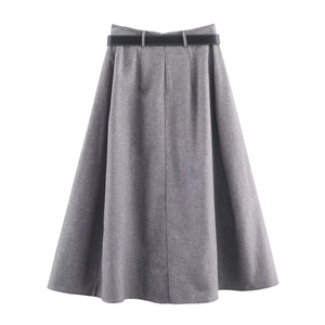 Women grey herringbone midi A-line skirt with black belt on white background