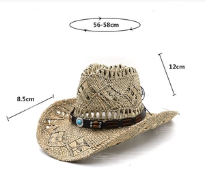 Détails du chapeau de cowboy en paille avec hauteur de 12cm et bord large de 8,5cm