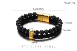 Detail of men's leather cord bracelet with stainless steel cross and magnetic clasp