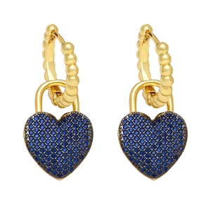 Golden heart-shaped lock earrings with shimmering blue zircon pave in a classic design