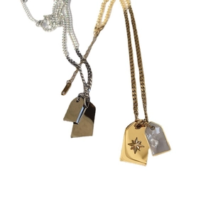 Titanium steel necklaces with gold star engraving and shell inlay rectangular pendants