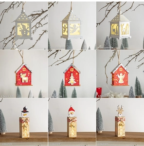 Detailed grid showing wooden LED Christmas houses with varied snowmen and deer designs