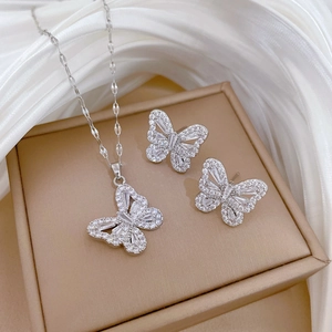 Luxurious silver titanium steel butterfly necklace and earrings set with cubic zirconia