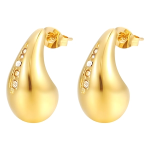 Golden teardrop earrings with sparkling zircons and 18K gold plated stainless steel