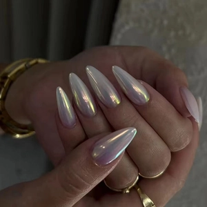 Iridescent stiletto press-on nails with chrome finish and elegant purple-green gradient