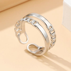Minimalist double-layered silver stainless steel ring with Cuban chain texture and open band