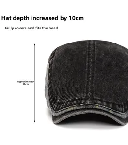 Detailed side view of washed charcoal denim flat cap with a 10cm deep crown fit