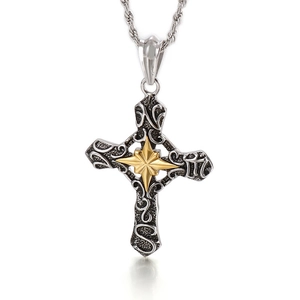 Retro punk stainless steel cross necklace with star pattern and twisted chain