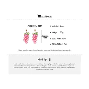 Detailed view of pink resin grape earrings with silver needles and green leaves, 4cm size