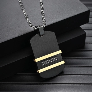 Men's stainless steel necklace with black rectangle pendant and gold stripes decor