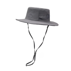 Quick-dry outdoor sun hat with wide brim, breathable mesh and chin strap in dark grey