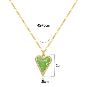 Gold heart necklace with green stone and pavé zircon, chain length 42+5cm