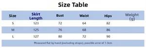 Size chart table for summer strapless maxi dress with bust and waist measurements