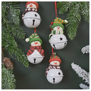 Detailed view of snowman metal bells with star cutouts and colorful knitted hats